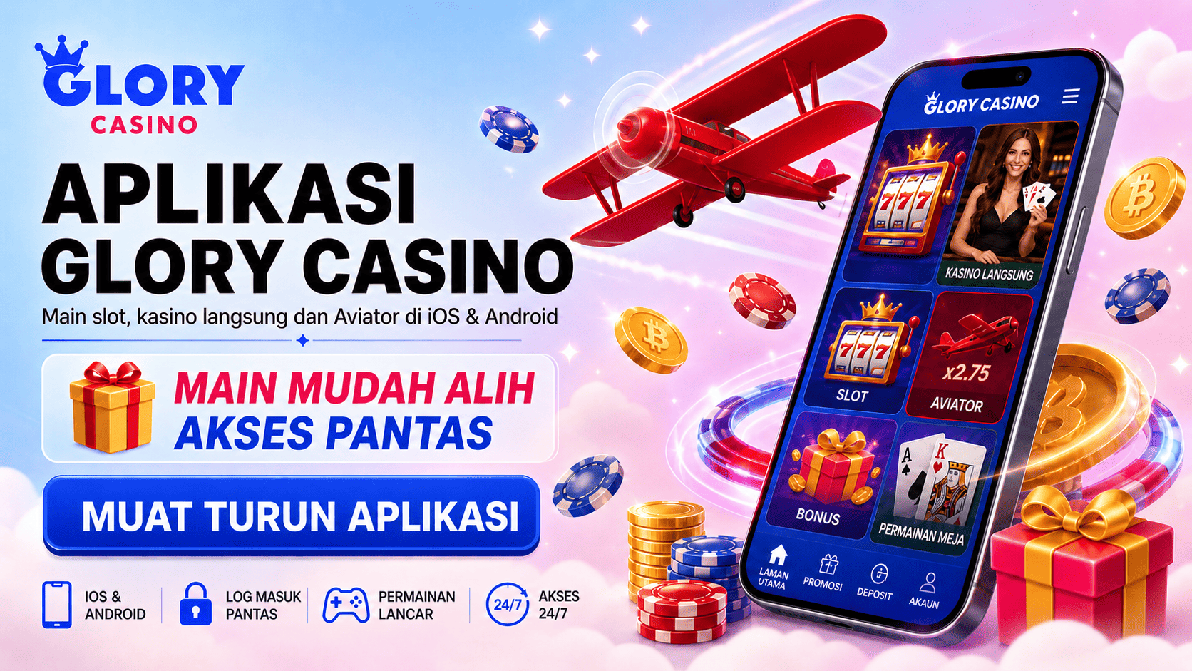 Banner aplikasi Glory Casino dengan telefon mudah alih, permainan slot, kasino langsung, Aviator, bonus dan akses pantas.