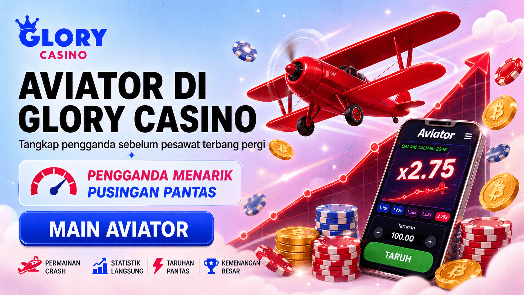Banner Aviator di Glory Casino dengan pesawat merah, graf pengganda, telefon permainan Aviator, cip kasino dan syiling emas.