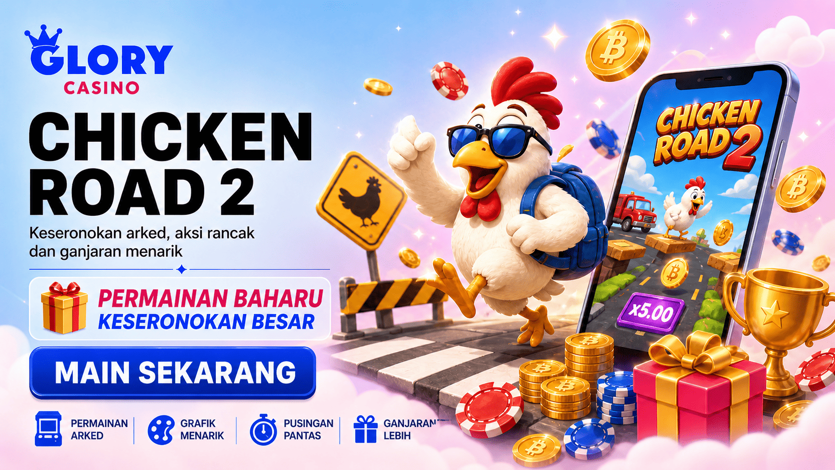 Banner Chicken Road 2 dengan ayam kartun, jalan permainan, telefon mudah alih, syiling, cip kasino, hadiah dan trofi.