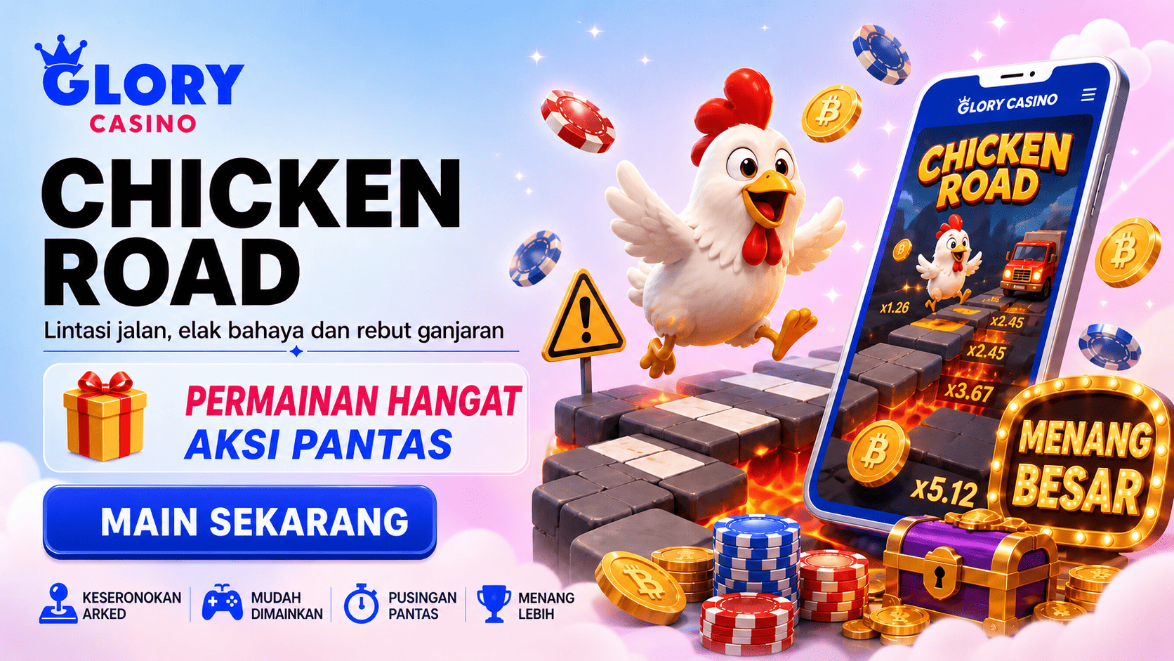Banner Chicken Road dengan ayam berlari di atas laluan berbahaya, telefon permainan, peti harta, cip kasino dan tanda menang besar.