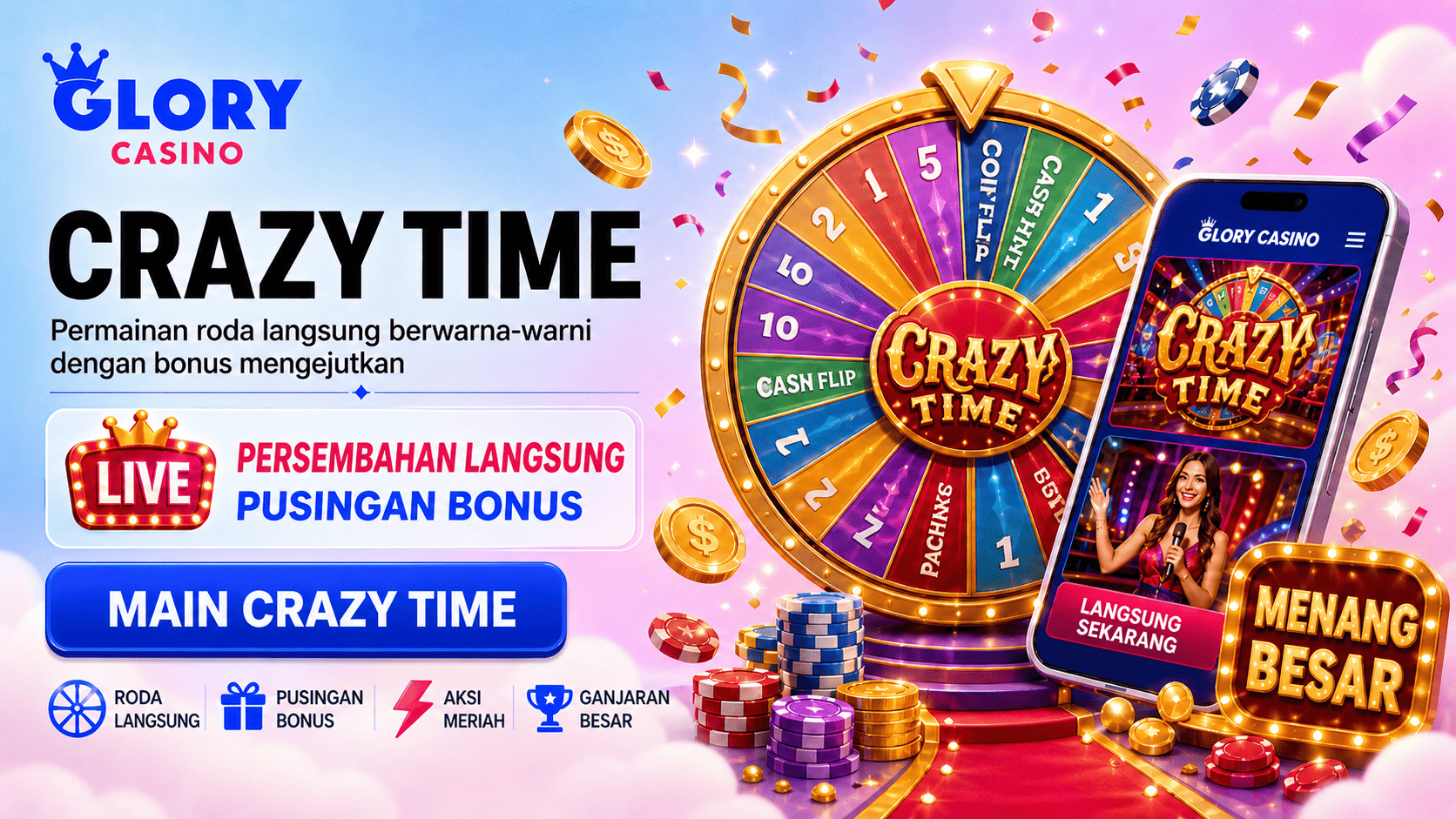 Banner Crazy Time dengan roda langsung berwarna-warni, hos permainan, telefon kasino, cip, syiling dan tanda menang besar.
