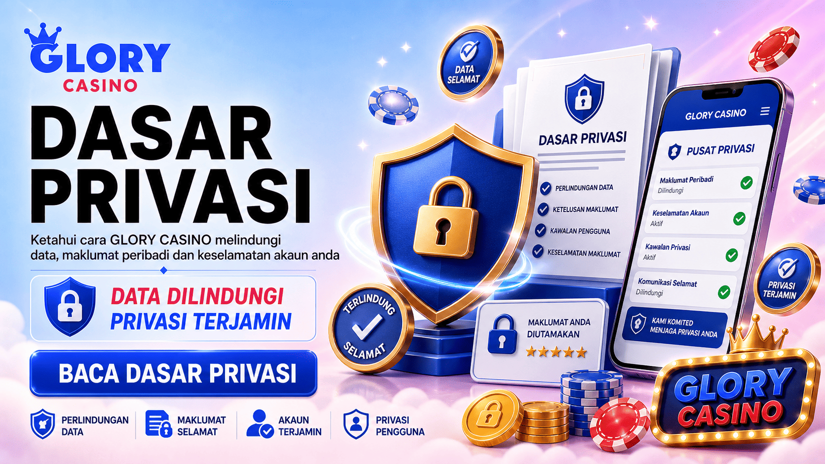 Banner Dasar Privasi Glory Casino dengan ikon perisai, kunci keselamatan, dokumen privasi dan telefon dengan tetapan perlindungan data.
