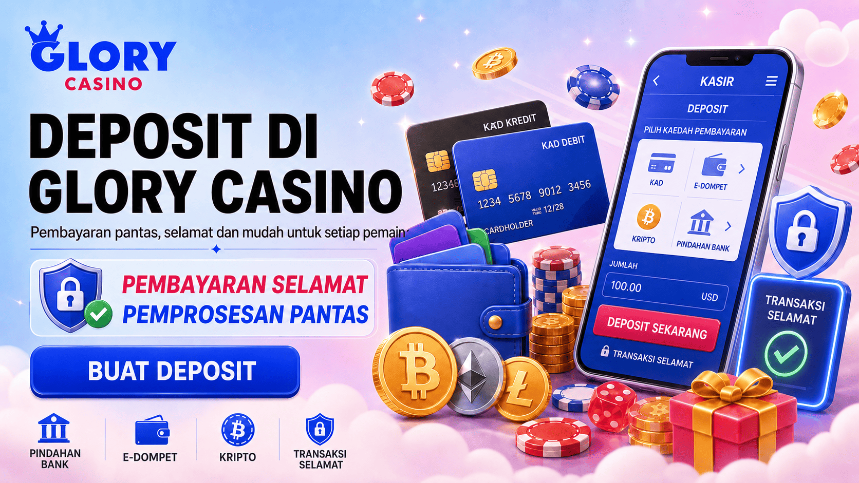 Banner deposit Glory Casino dengan telefon kasir, kad bank, e-dompet, kripto, ikon keselamatan dan transaksi selamat.