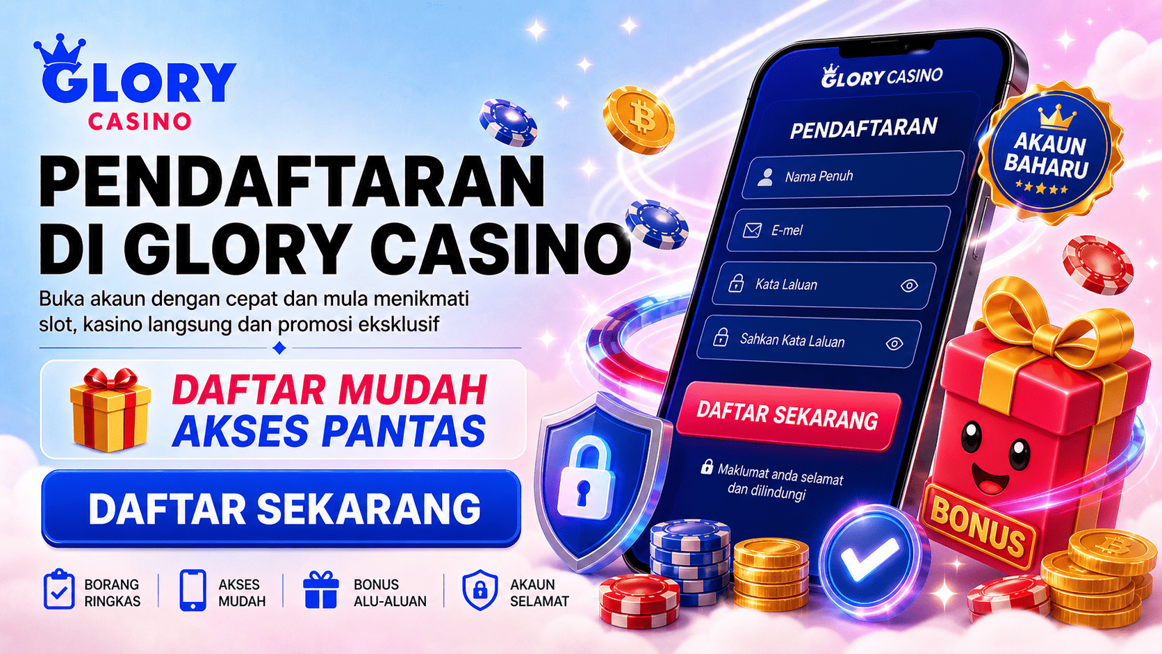 Banner pendaftaran Glory Casino dengan borang daftar pada telefon, hadiah bonus, ikon keselamatan dan butang daftar sekarang.