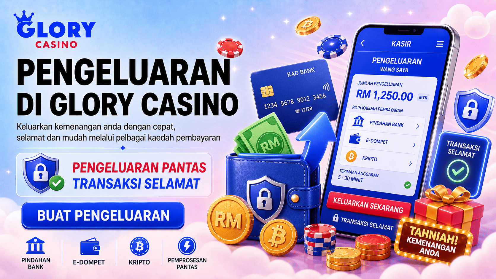 Banner pengeluaran Glory Casino dengan telefon kasir, jumlah pengeluaran, kad bank, dompet digital, cip kasino dan transaksi selamat.