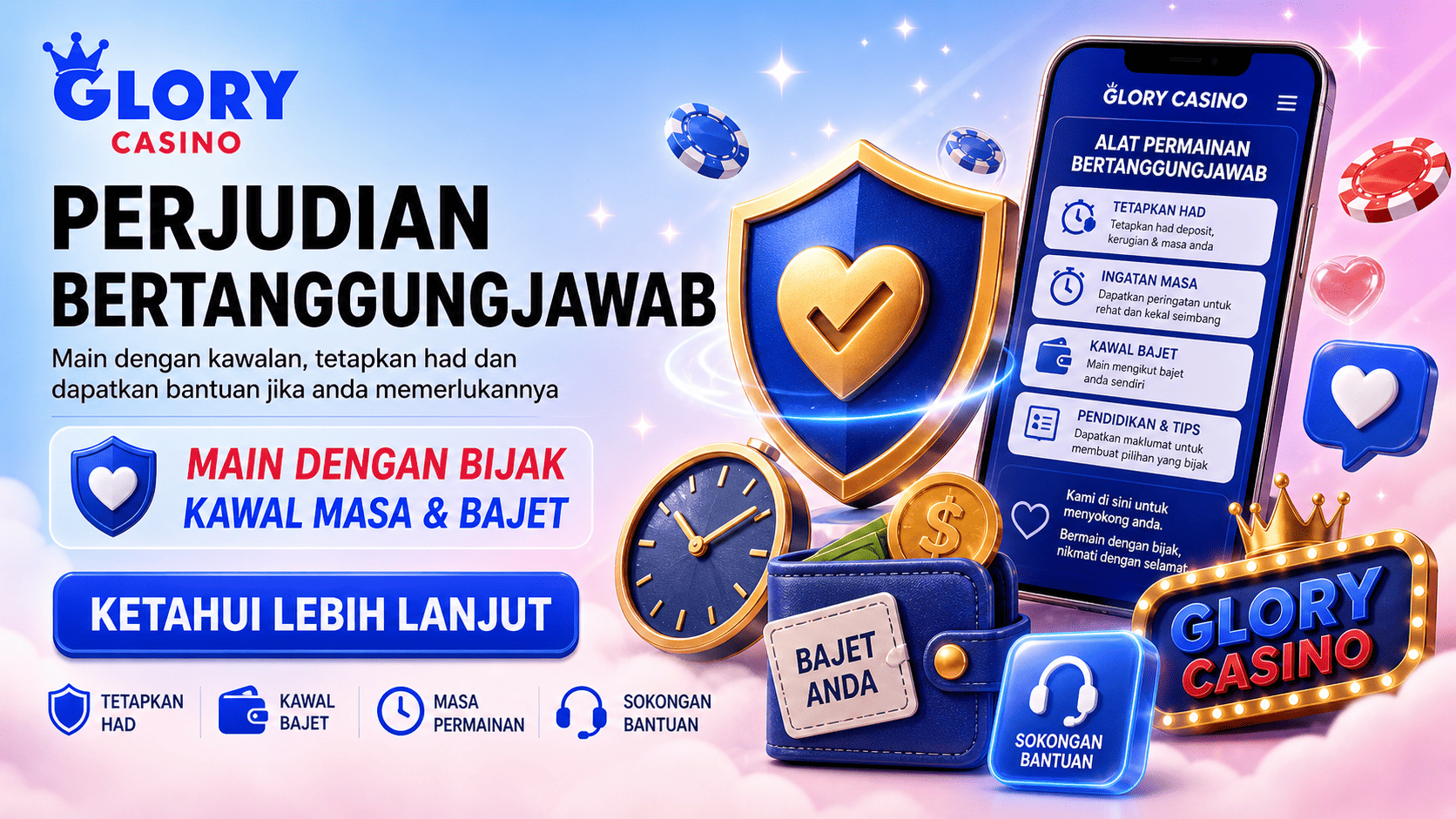 Banner Perjudian Bertanggungjawab Glory Casino dengan perisai hati, kawalan bajet, jam masa permainan dan alat sokongan pemain.
