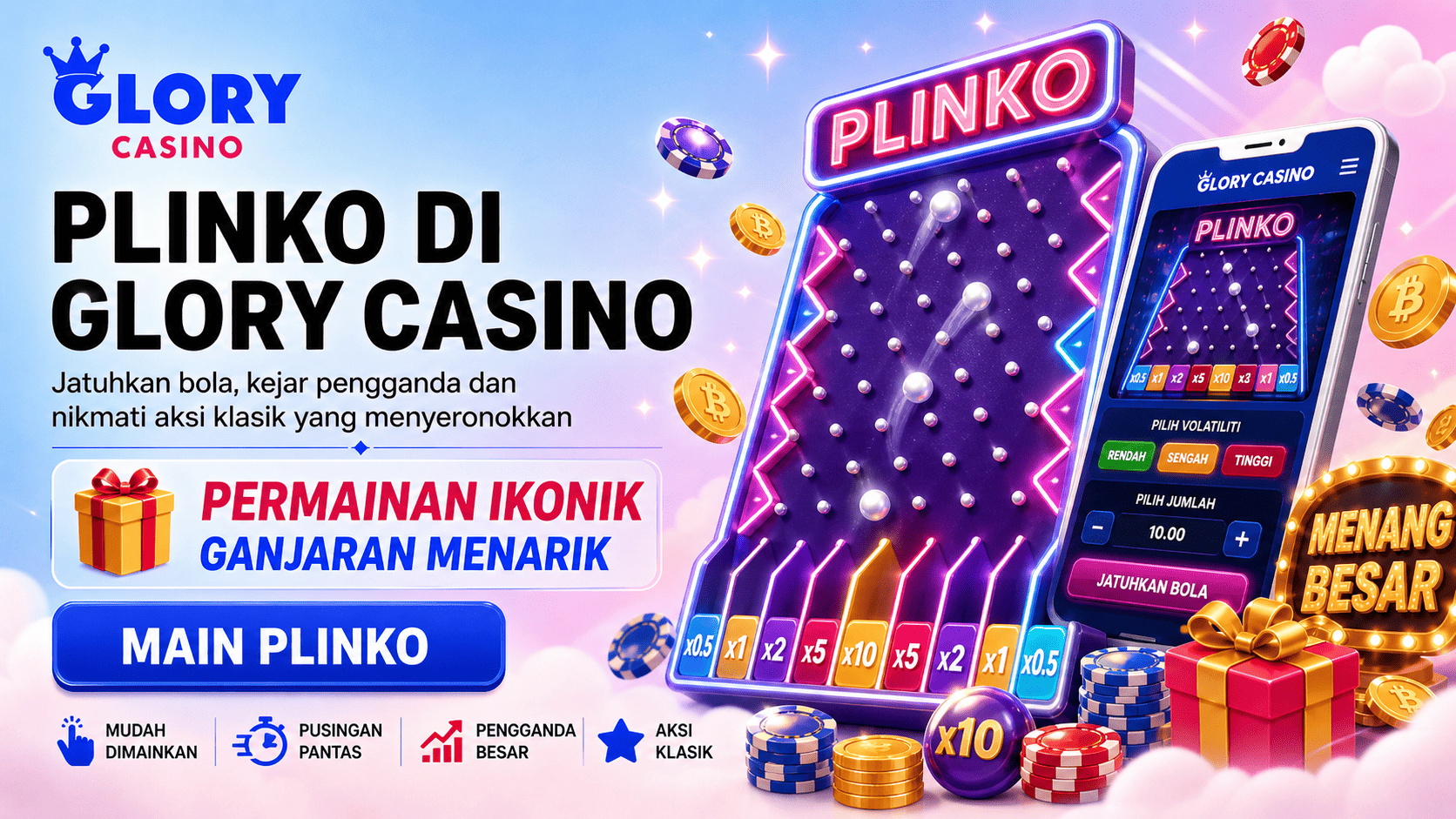 Banner Plinko di Glory Casino dengan papan Plinko neon, bola jatuh, pengganda hadiah, telefon mudah alih dan cip kasino.