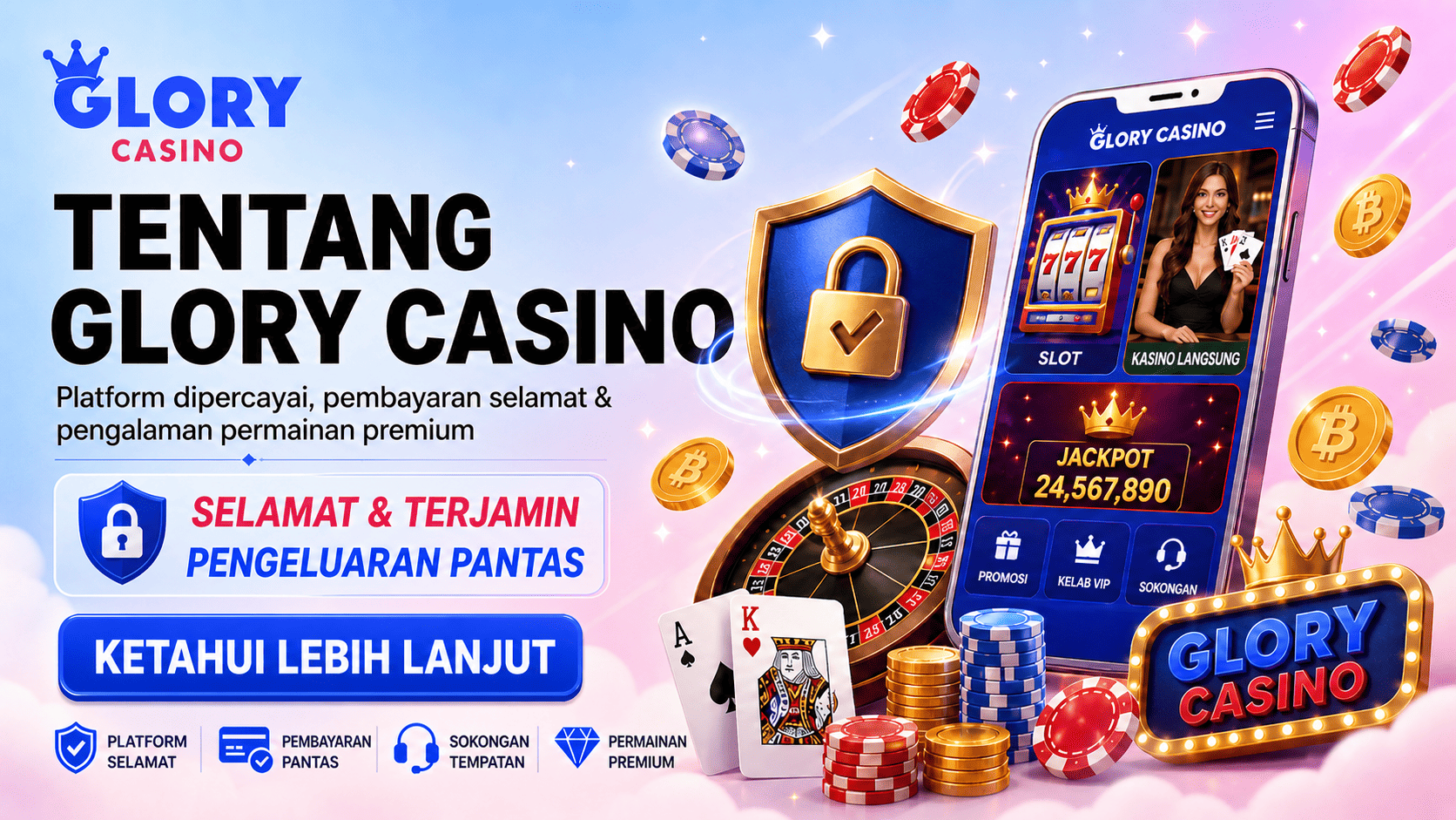 Banner Tentang Glory Casino dengan perisai keselamatan, telefon kasino, roda roulette, kad permainan dan ikon pembayaran selamat.