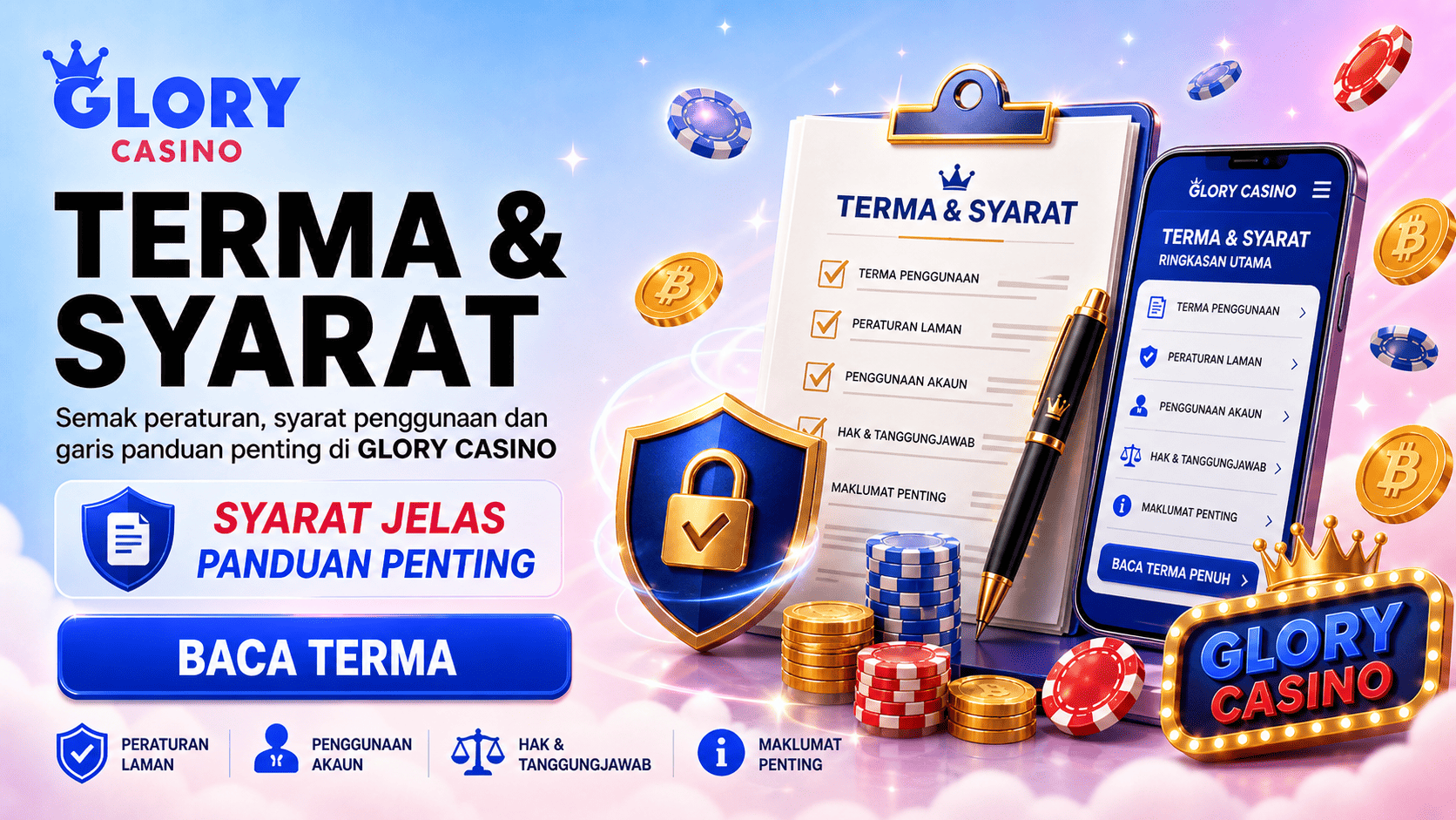 Banner Terma & Syarat Glory Casino dengan dokumen rasmi, senarai semak, telefon, pen dan ikon keselamatan.